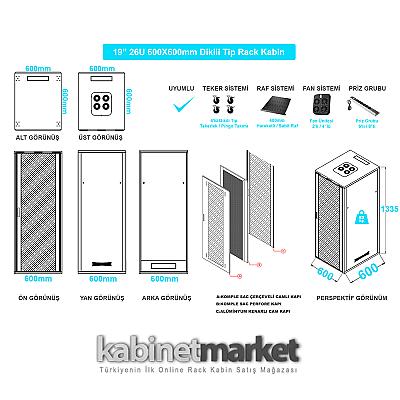 26U 19" 600x600 Dikili Tip Rack Kabinet — 8