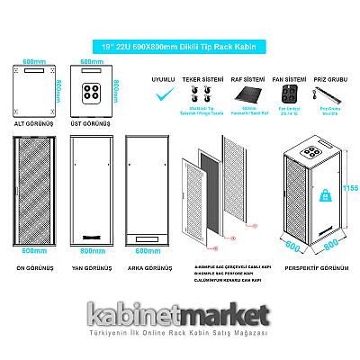 22U 19" 600x800 Dikili Tip Rack Kabinet — 8