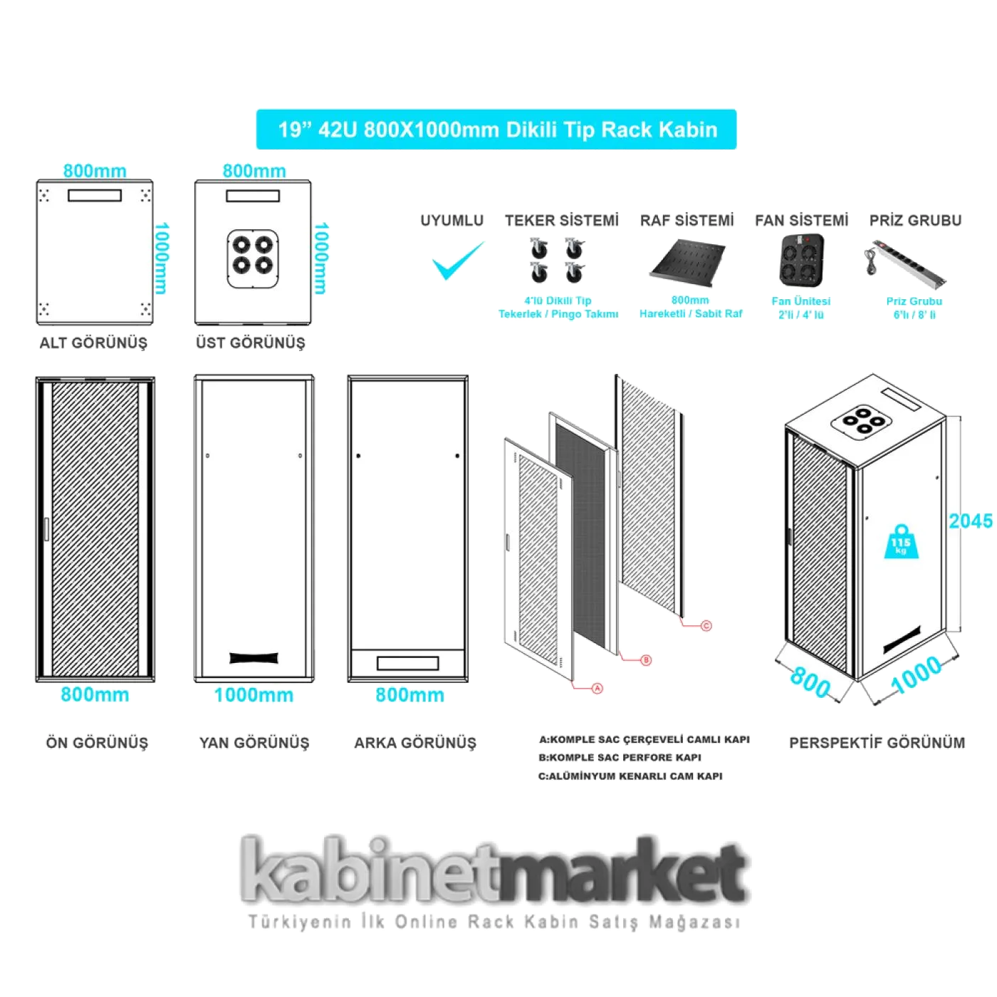 45U 19" 800x800mm Dikili Tip Rack Kabinet — 4